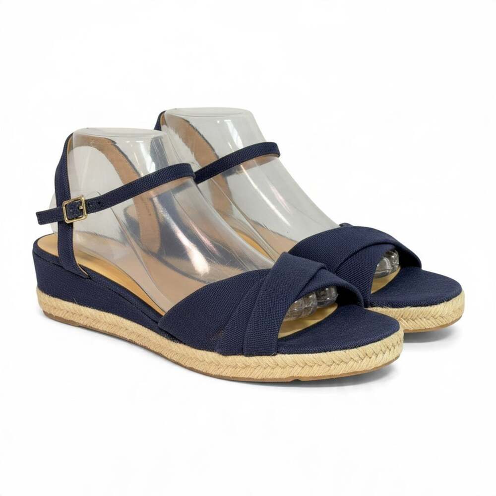 Talbots Sz 10.5 Espadrille Sandals Ankle Strap Navy Blue Fabric & Jute Sole